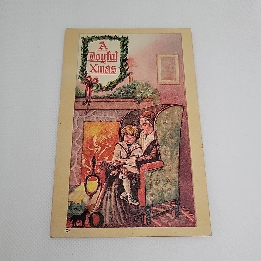 Victorian Christmas Postcard A Joyful Xmas Reading By Fireplace Joseph Hoover Co